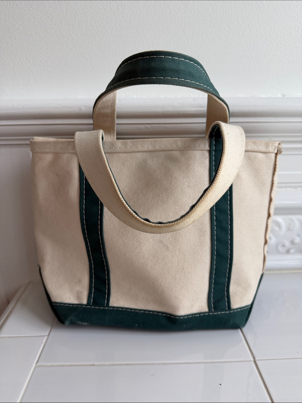 Vintage L.L.Bean Small Boat and Tote Natural Canvas Green Trim